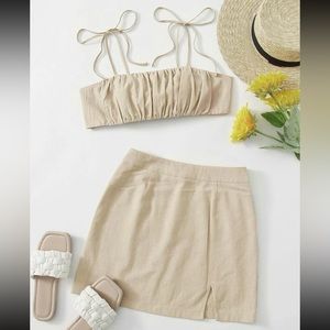 SET Knot Shoulder Tie Back Ruched Bust Crop Cami Top & Split Hem Skirt